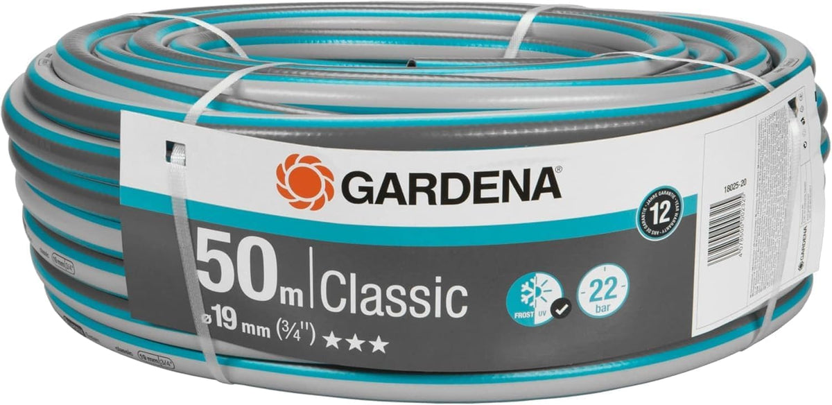 Gardena Classic Schlauch 19 mm (3/4 Zoll), 50 m: Universeller Gartenschlauch aus robustem Kreuzgewebe, 22 bar Berstdruck, UV-beständig, ohne Systemteile, 12 Jahre Garantie, verpackt (18025-20)