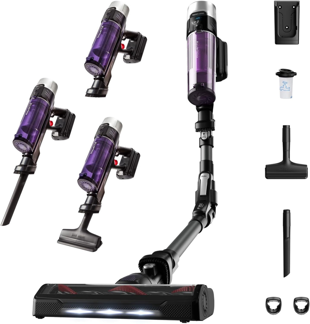 Rowenta X-Force Flex 9.60 Allergy kabelloser Akku-Stabstaubsauger, 100 Air Watt, herausnehmbarer Akku, bis zu 45 Min. Laufzeit, kompakt, Flex-Gelenk, LED-Düse, Lila-Schwarz, RH2038