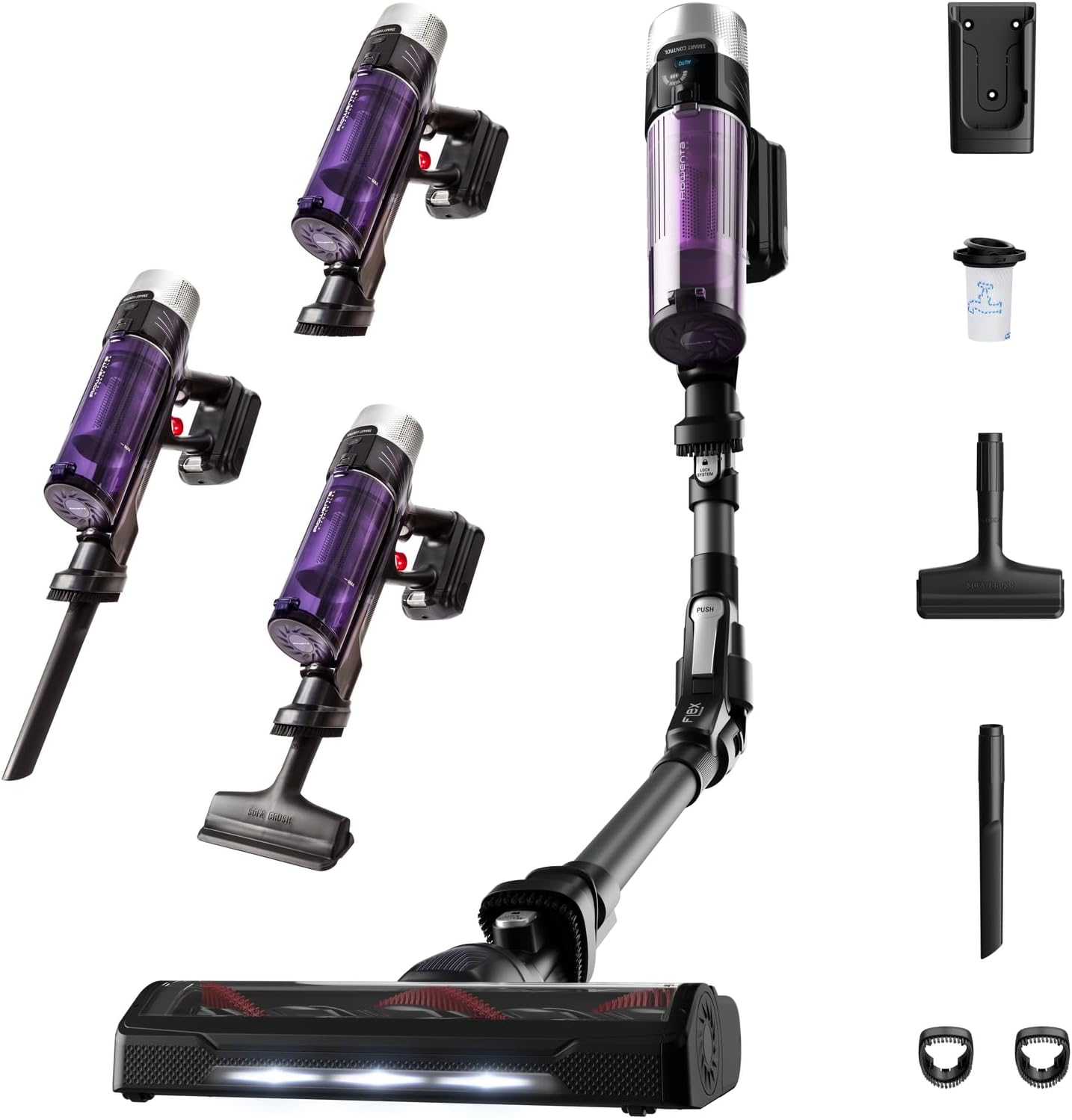 Rowenta X-Force Flex 9.60 Allergy kabelloser Akku-Stabstaubsauger, 100 Air Watt, herausnehmbarer Akku, bis zu 45 Min. Laufzeit, kompakt, Flex-Gelenk, LED-Düse, Lila-Schwarz, RH2038