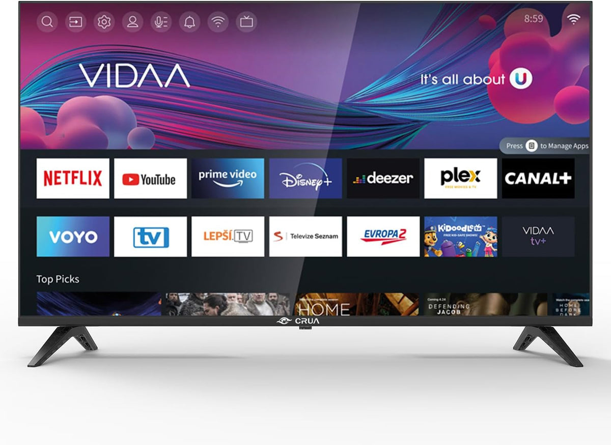CRUA 32 Zoll Smart TV/Fernseher 32 Zoll 3X HDMI, 2xUSB, Fernseher kompatibel mit VIDAA,EyeCare,Triple Tuner DVB-T/-T2/-C/-S/-S2 CI+Power Input 100-240V~ 50/60HZ for Home, Kitchen, or RV Camper
