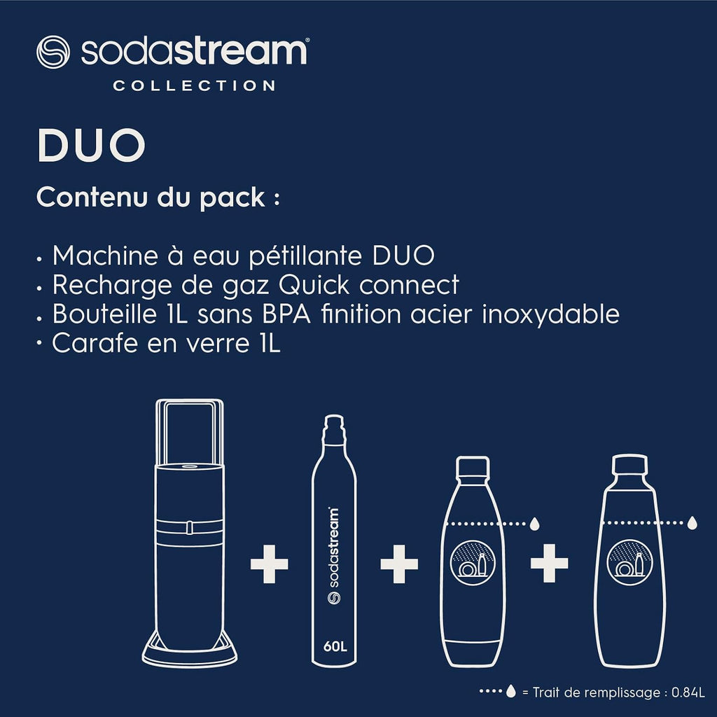 Sodastream Duo Sprudelwasser und Soda Maschine für Glaskanne | 1 Stück Glaskrug 1L + 1 Flasche 1L Edelstahl Finish Geschirrspüler + 1 60L Gas Nachfüllclip | Schwarz