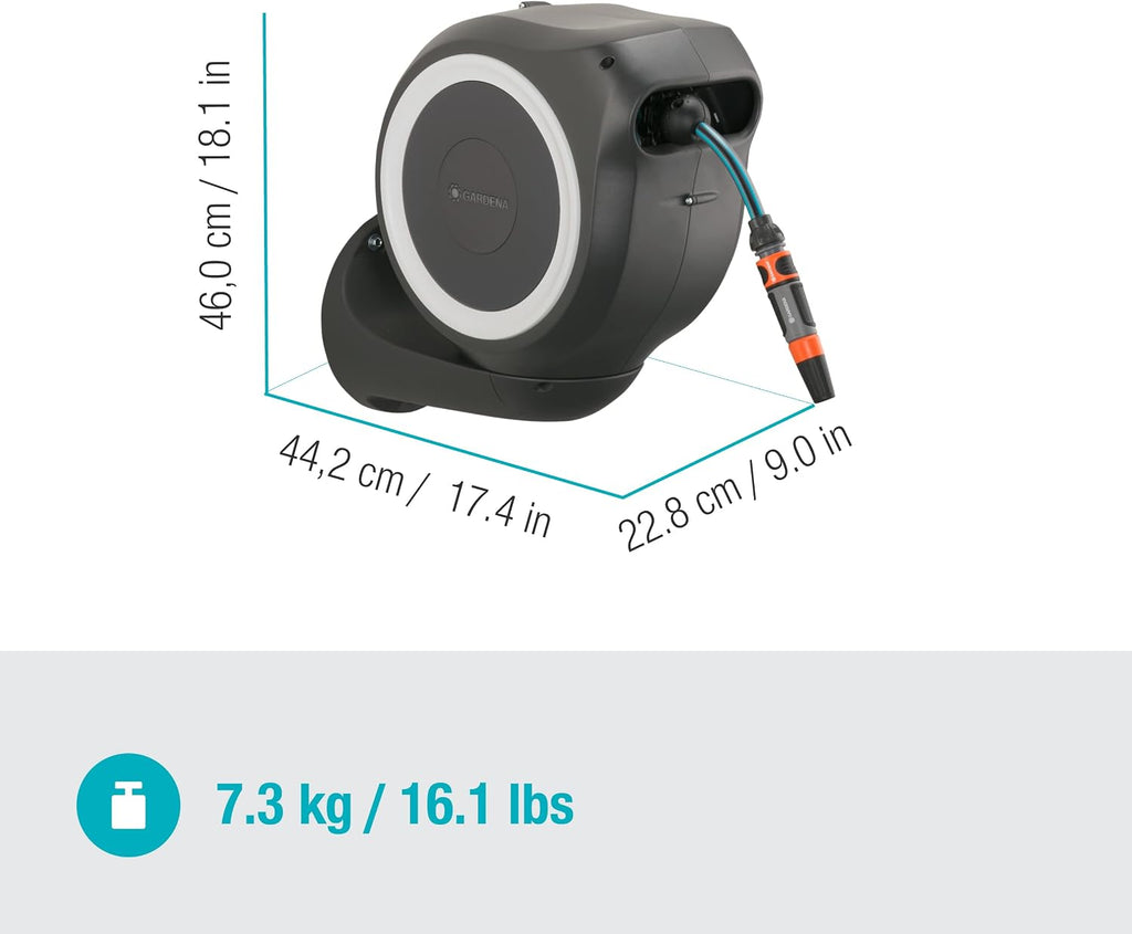 Gardena Wand-Schlauchbox RollUp S (weiß) 15 m: Flexible Bewässerung für kleine Gärten, schwenkbare Trommel, mit Wandhalterung, Systemteilen und Spritze, inkl. 15 m Gardena Schlauch (18602-20)