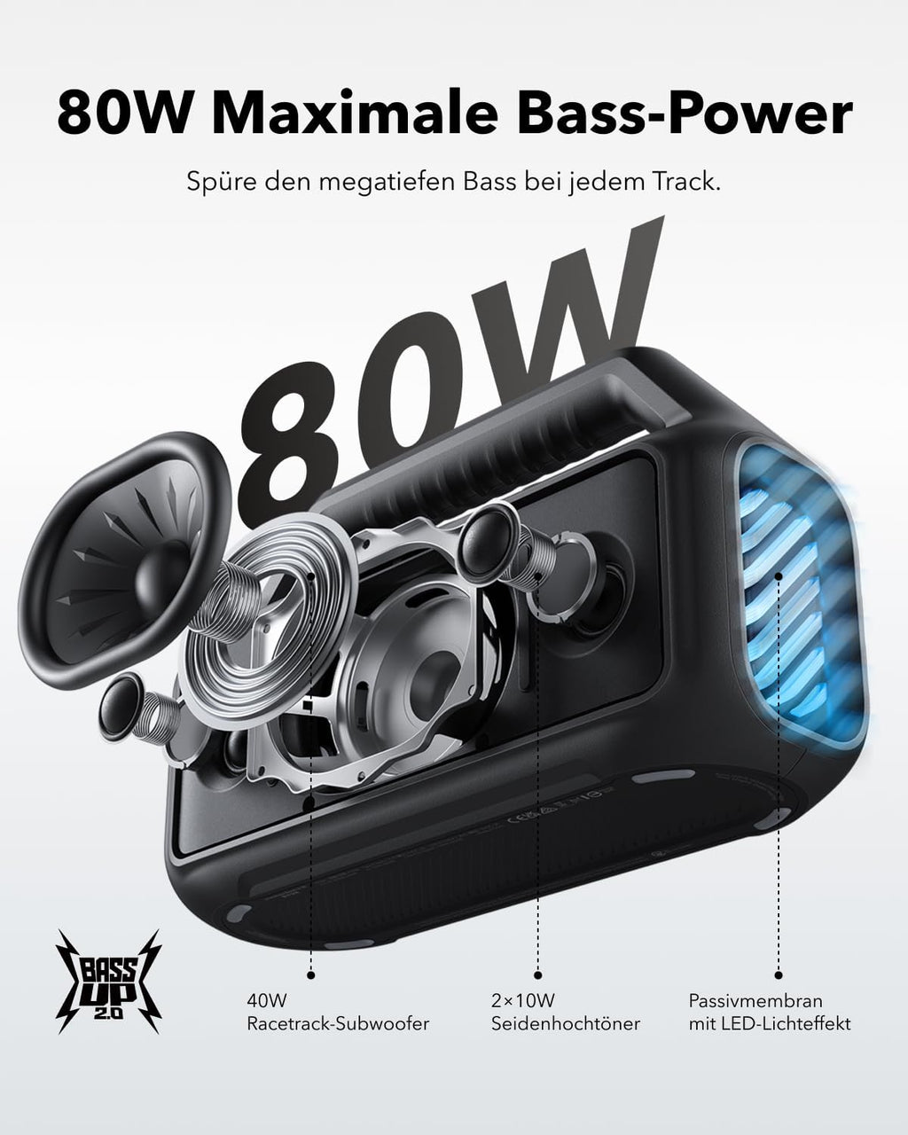 soundcore by Anker Boom 2 Outdoor Speaker, 80 W, Subwoofer, BassUp 2.0 | 24h Battery, IPX7 Waterproof & Floats, LED Light, EQ, BT 5.3, Mobile Bluetooth Speaker, Camping, Beach, Garden