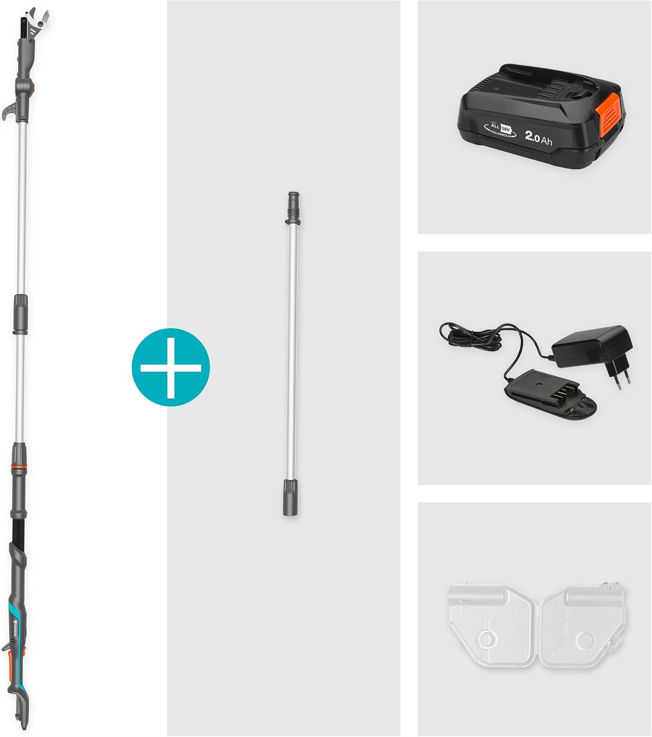 Gardena Akku-Teleskop-Baumschere HighCut 360/18V P4A Ready-to-Use Set: Bis zu 5 m Reichweite, Schwenkbarer Schneidkopf, Ergonomisch, LED-Anzeige, Kabellos (14776-20)