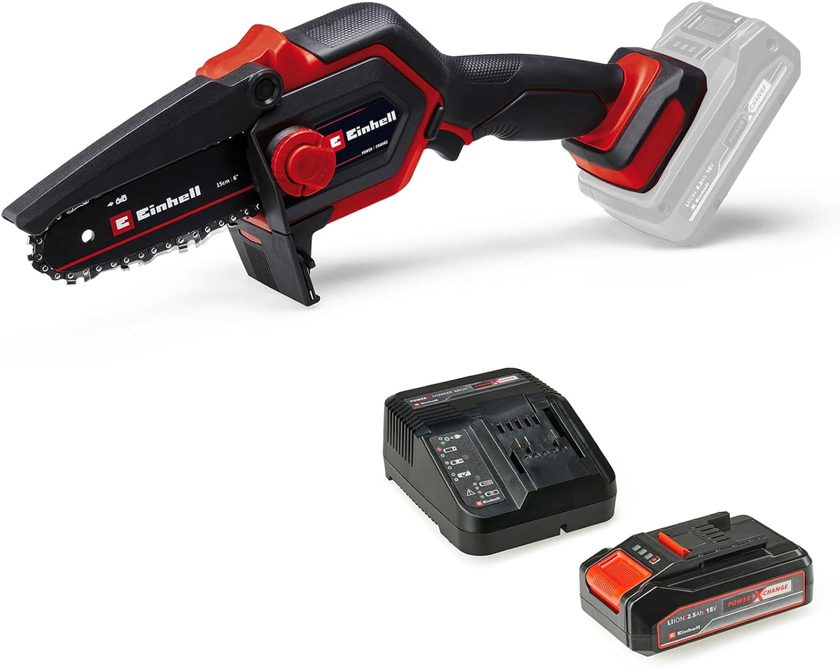 Einhell Akku-Astkettensäge GE-PS 18/15 Li BL Power X-Change (18 V, Brushless, 12,5 cm Schnittlänge, werkzeugloser Schwert- und Kettenwechsel, inkl. 2,5 Ah Akku und Ladegerät)