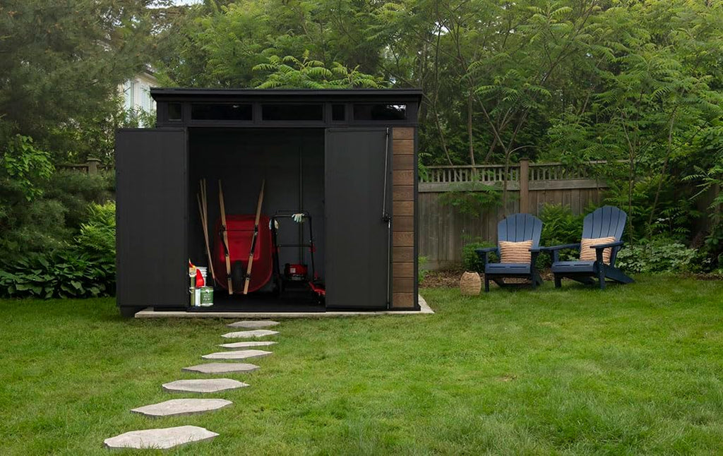 Keter Signature Gartenhaus 9x7 Gerätehaus 279x218x226 cm Kunststoff Walnuss mit Pultdach und Bodenplatte wetterfest UV-beständig
