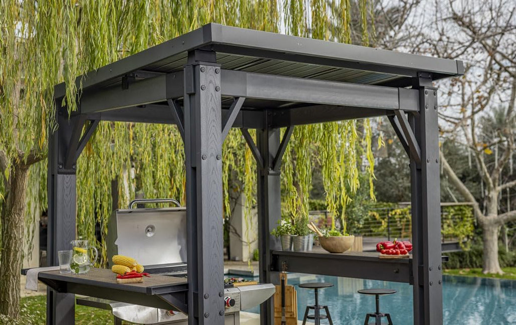 Keter Signature Grill-Pavillon – wetterfest, Holzoptik, Metallverstärkung, integrierte Haken und Ablageflächen, Dunkelgrau mit Walnuss, Gazebo