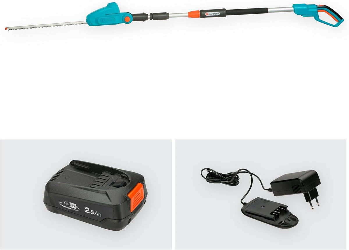 Gardena Akku-Teleskop-Heckenschere THS 42/18V P4A Ready-to-Use Set: Teleskopgriff, Reichweite bis 3 m, 42 cm Messer, Abwinkelbarer Kopf, Kabellos (14732-20)