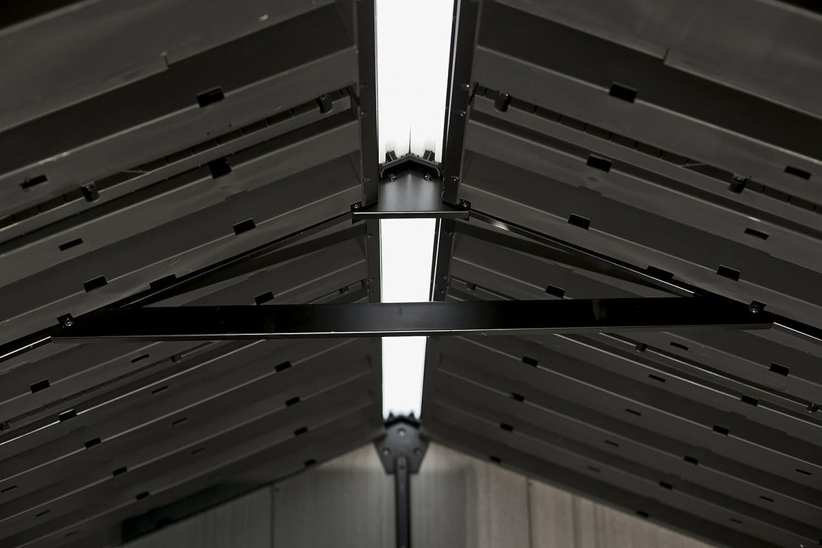 Keter Gerätehaus Oakland 757, Grau, 8,4m³, Außenmaße B/T/H: 230 x 223,8 x 242 cm, Duotech Struktur, wetterfest, Doppeltür, Oberlicht und Fenster, strapazierfähiger Schwerlastboden