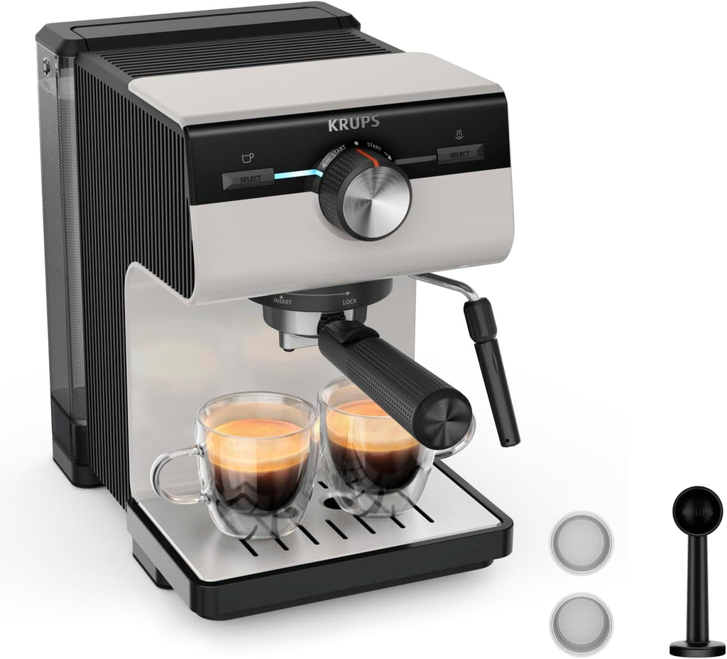 Krups Authentic Espresso-Siebträgermaschine, 15 bar, intuitive Bedienung, raffiniertes Design, integrierte Dampfdüse, 2 L-Wassertank, inkl. Zubehör, Grey/Creme, XP381B10