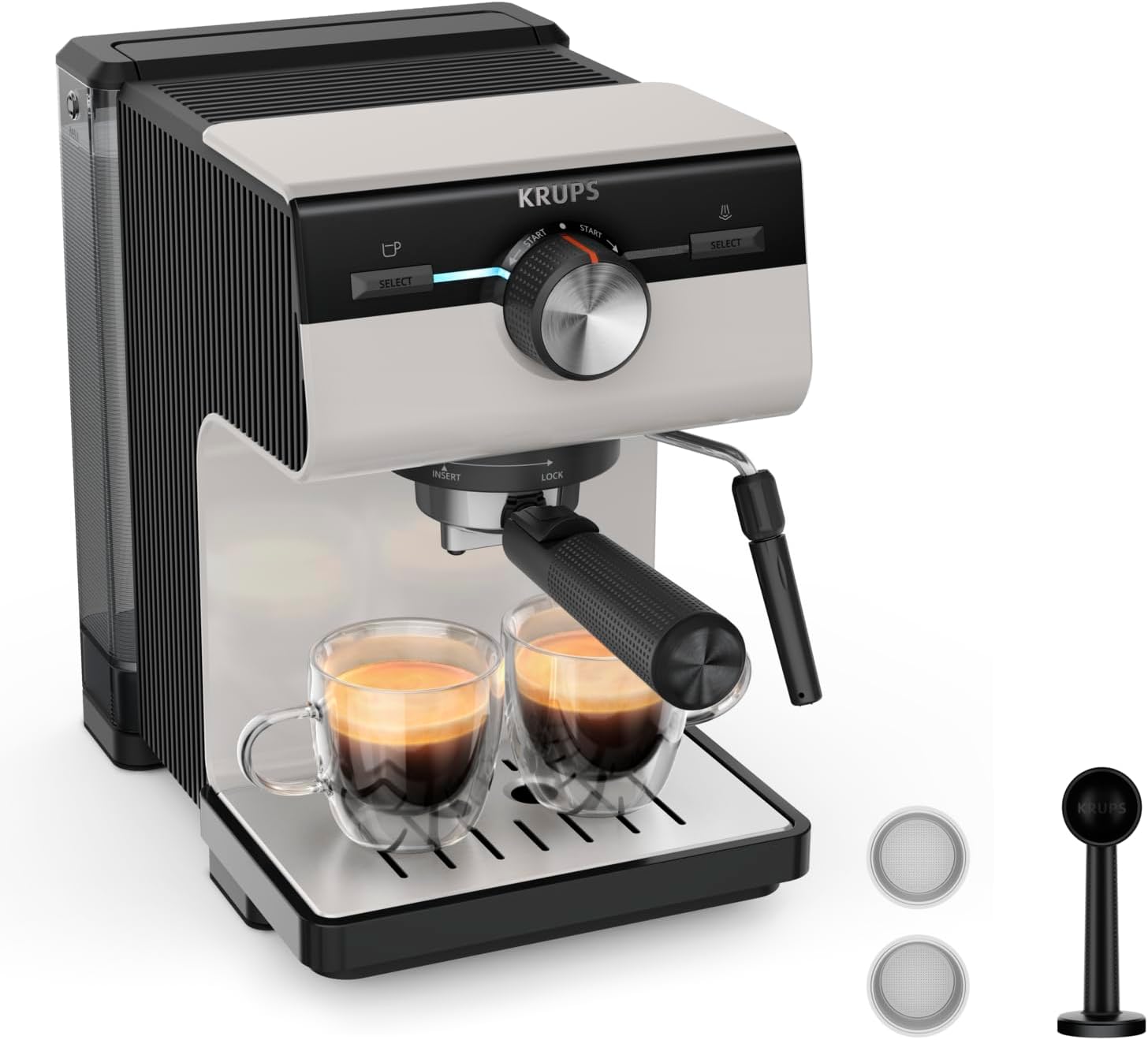 Krups Authentic Espresso-Siebträgermaschine, 15 bar, intuitive Bedienung, raffiniertes Design, integrierte Dampfdüse, 2 L-Wassertank, inkl. Zubehör, Grey/Creme, XP381B10