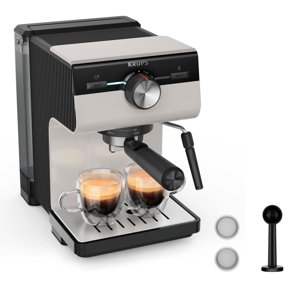 Krups Authentic+ Espresso-Siebträgermaschine, 15 bar, intuitive Bedienung, raffiniertes Design, Dampfdüse, inkl. umfangreichem Zubehör, Bullet Dark Silver/Edelstahl, XP384G10