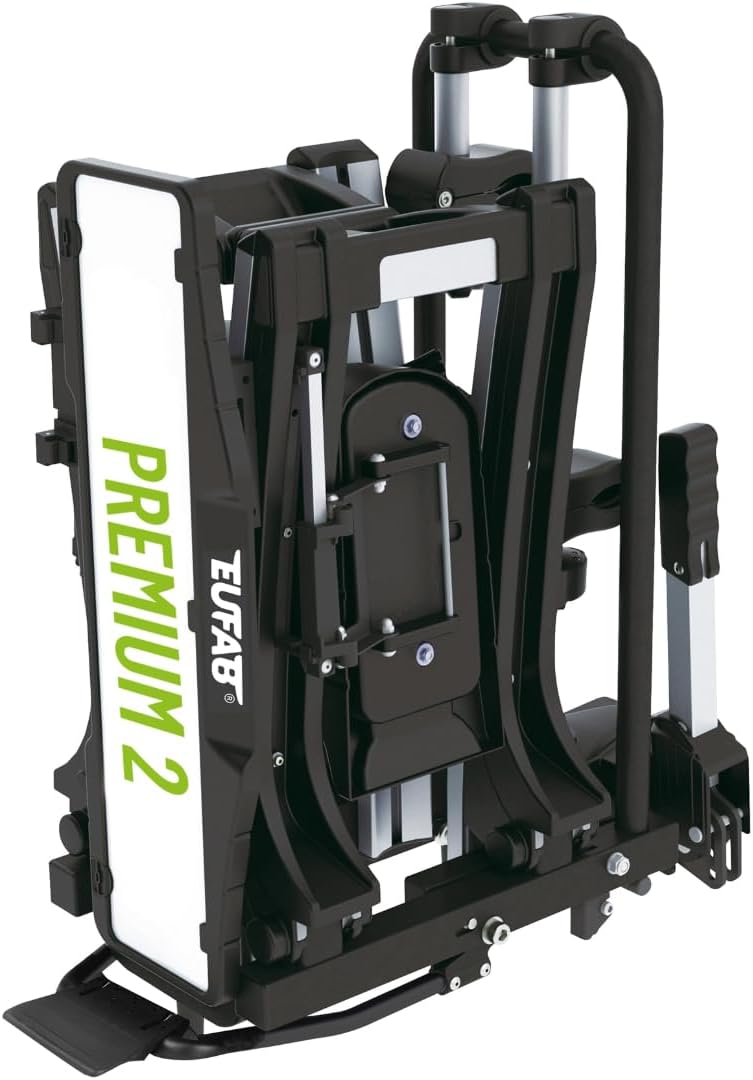 EUFAB 11521 Premium 2 Bicycle Carrier, Suitable for E-Bikes, Completely Pre-Assembled, Anti-Theft Protection, for 2 Bicycles, for Towing Hitch, Black, Silver