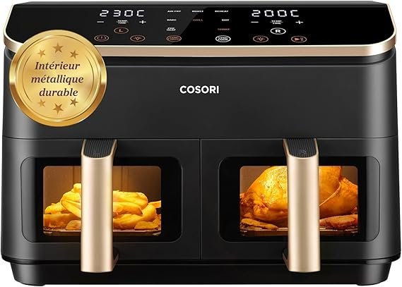 COSORI Dual-Zone Airfryer 8,5 L – 2 Fächer, 8-in-1 Heißluftfritteuse, Ölarmes Kochen, Energieeffizient, Spülmaschinengeeignet, Gold