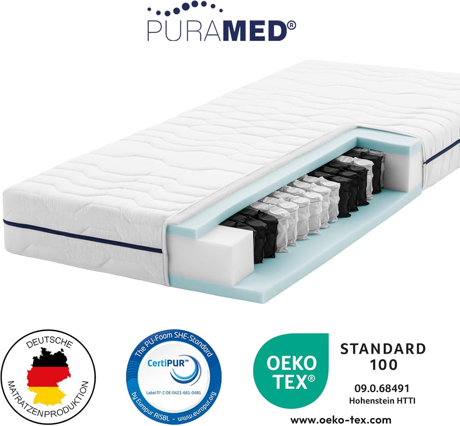 PURAMED Taschenfederkernmatratze 90x200 cm | Härtegrad H3 | Höhe 20 cm | ergonomische 7-Zonen Matratze | waschbarer Mikrofaser-Bezug | Oeko-TEX® & CertiPUR Zertifiziert | produziert in Deutschland