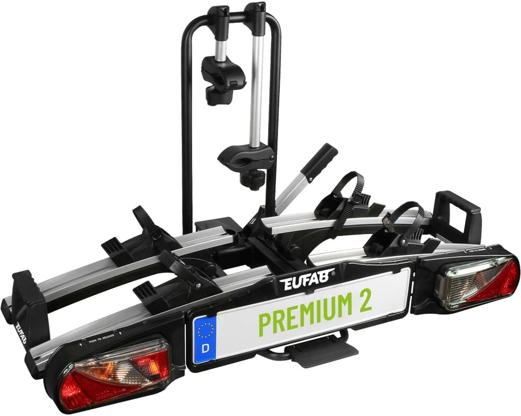 EUFAB 11521 Premium 2 Bicycle Carrier, Suitable for E-Bikes, Completely Pre-Assembled, Anti-Theft Protection, for 2 Bicycles, for Towing Hitch, Black, Silver