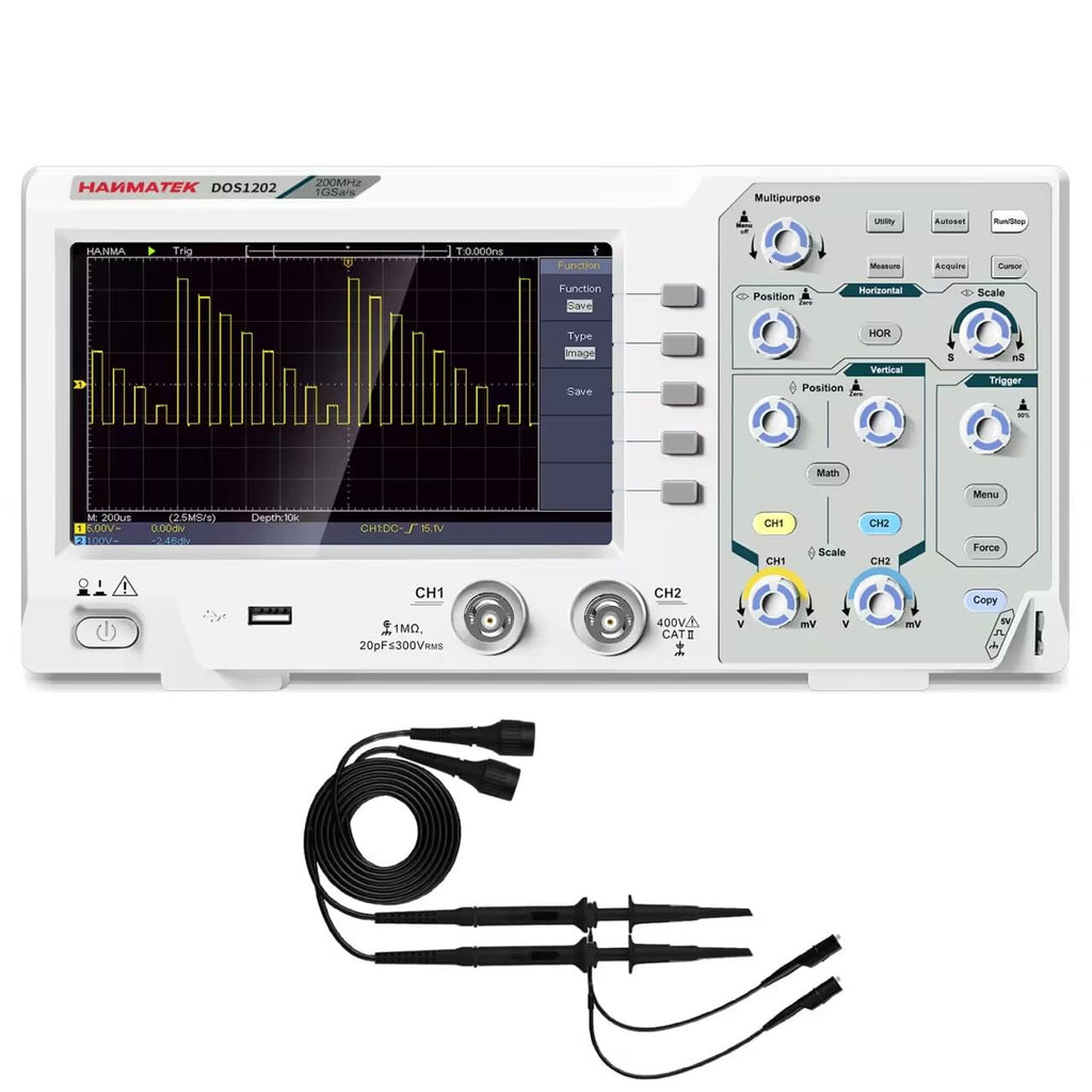 HANMATEK 200 MHz Bandwidth DOS1202 Digital Oscilloscope with 2 Channels and Screen 7 Inch / 18 cm, TFT LCD Display, Portable Professional Oscilloscope Kit with 1GS/s Sampling Rate