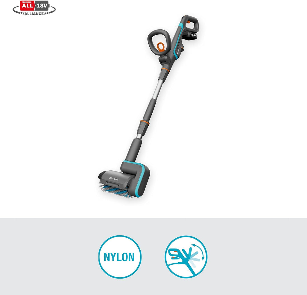 Gardena Akku-Multi-Reiniger AquaBrush Patio 03/18V P4A Ready-To-Use Set: Außenreinigung, Bedienung per Knopfdruck, Terrassenreinigung, Bürstenprofil, Kabellos (14841-20)