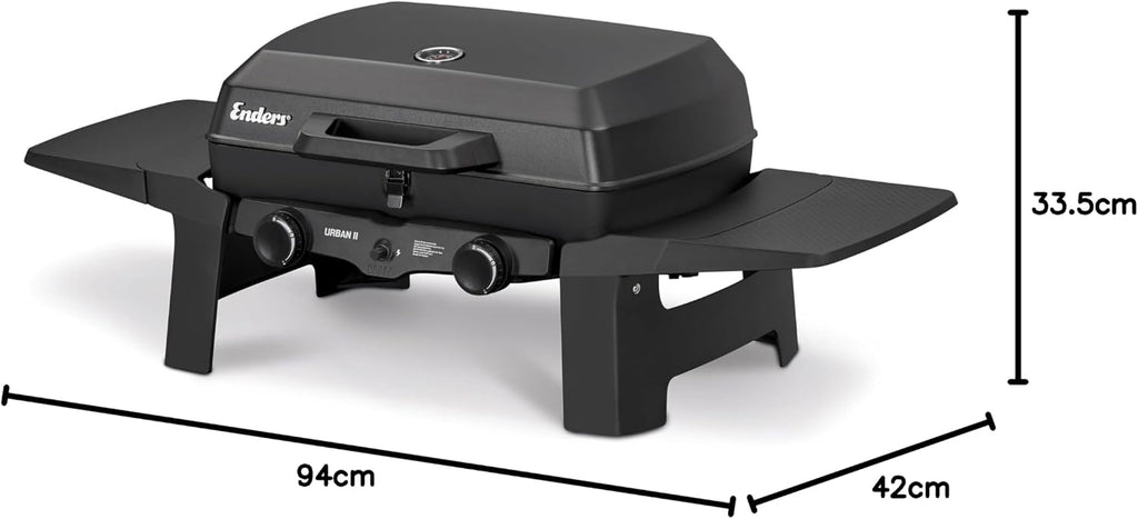 Enders Gasgrill Urban II, Tischgrill, Grillen-, Kochen- und Backen Funktion, 2 Brenner Edelstahl, mit Grill-Thermometer, Balkon-, Camping-Grill, Aluguss-Gehäuse, Gusseisen-Rost #2070
