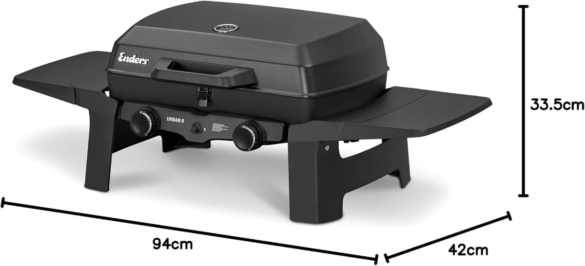Enders Gasgrill Urban II, Tischgrill, Grillen-, Kochen- und Backen Funktion, 2 Brenner Edelstahl, mit Grill-Thermometer, Balkon-, Camping-Grill, Aluguss-Gehäuse, Gusseisen-Rost #2070