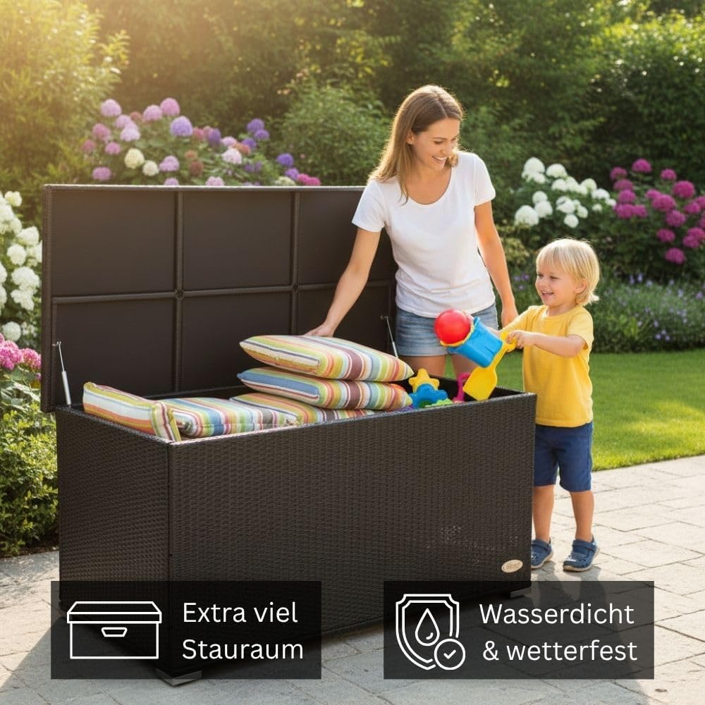 RS Trade Auflagenbox Wasserdicht XXL, 950l, Schwarz, Gartenbox, Aufbewahrungsbox Garten, Kissenbox Outdoor, Gartentruhe, Große Gartenkiste für Polster, Wetterfeste Garten-Aufbewahrung, Polyrattan