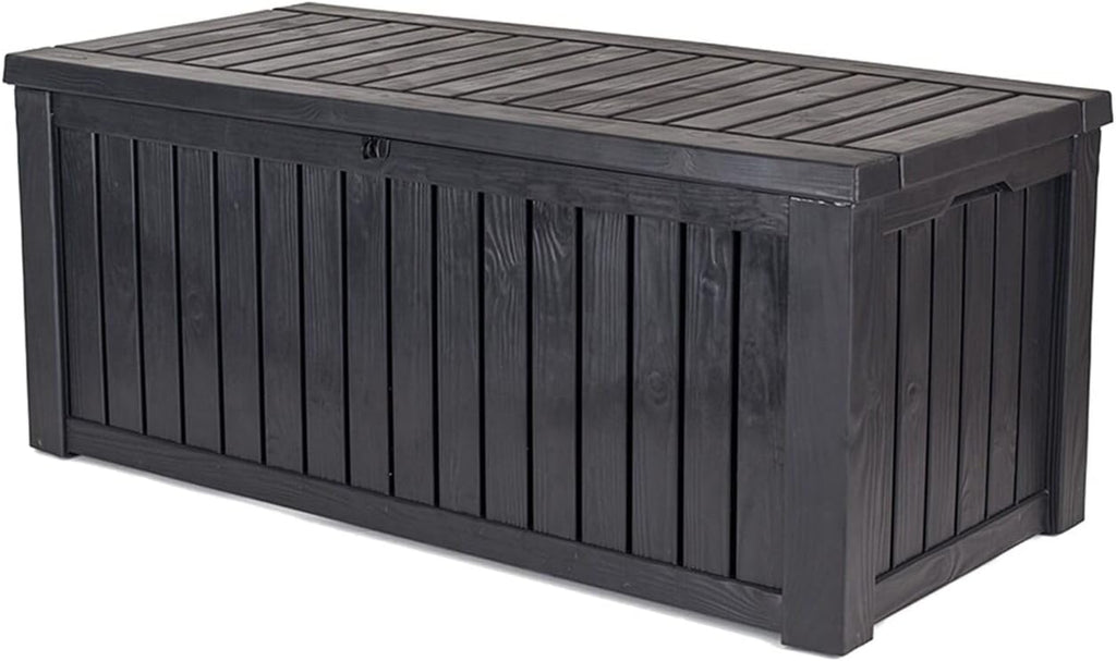 Keter Kissenbox Rockwood, graphit, 570l Fassungsvermögen, Außenmaße: 155 x 72,4 x 64,4 cm, Auflagenbox wasserdicht, für Outdoor geeignet, Keterbox