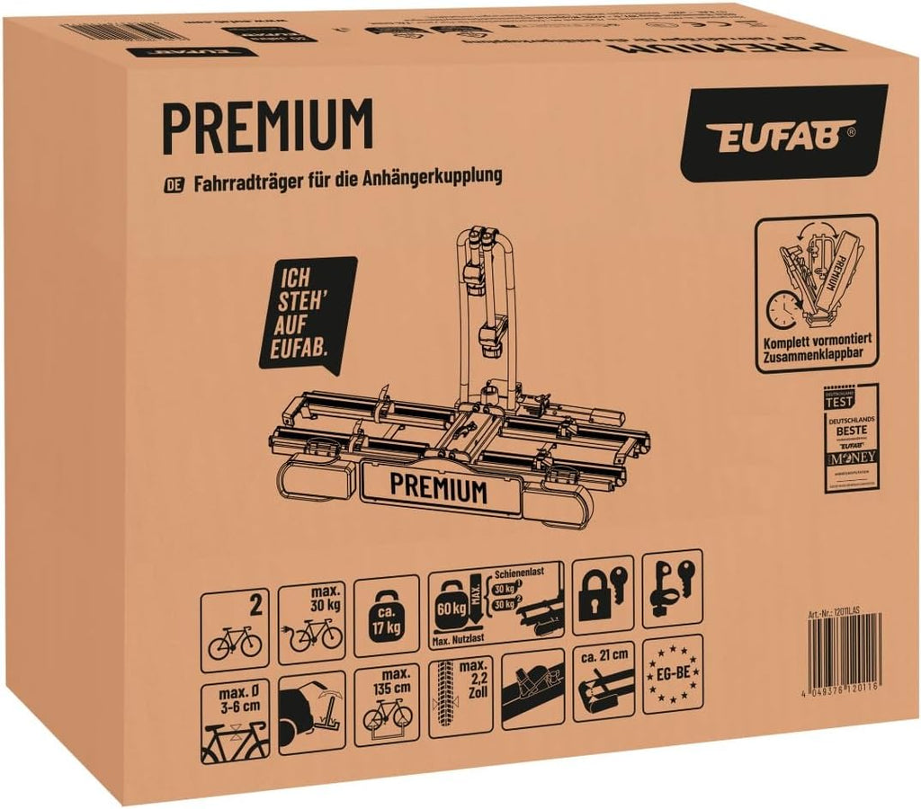 EUFAB 12011LAS Fahrradträger PREMIUM, E-Bike geeignet, komplett vormontiert, Diebstahlschutz, für 2 Fahrräder, für Anhängerkupplung, schwarz, grau