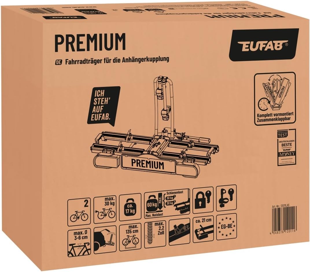 EUFAB 12011LAS Fahrradträger PREMIUM, E-Bike geeignet, komplett vormontiert, Diebstahlschutz, für 2 Fahrräder, für Anhängerkupplung, schwarz, grau
