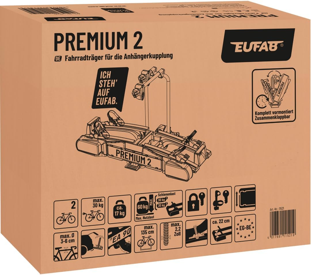 EUFAB 11521 Premium 2 Bicycle Carrier, Suitable for E-Bikes, Completely Pre-Assembled, Anti-Theft Protection, for 2 Bicycles, for Towing Hitch, Black, Silver