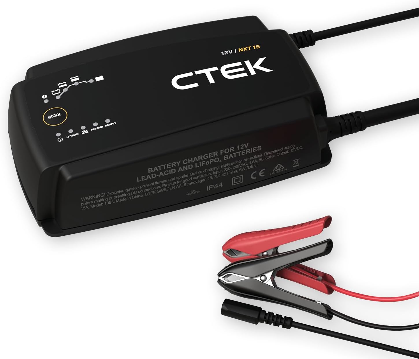 CTEK NXT 15 Smart Battery Charger 12V 15A Lithium Compatible Reconditioning and Supply Mode Temperature Compensation Battery Maintenance Device for Motor Vehicles, Boats and RVs