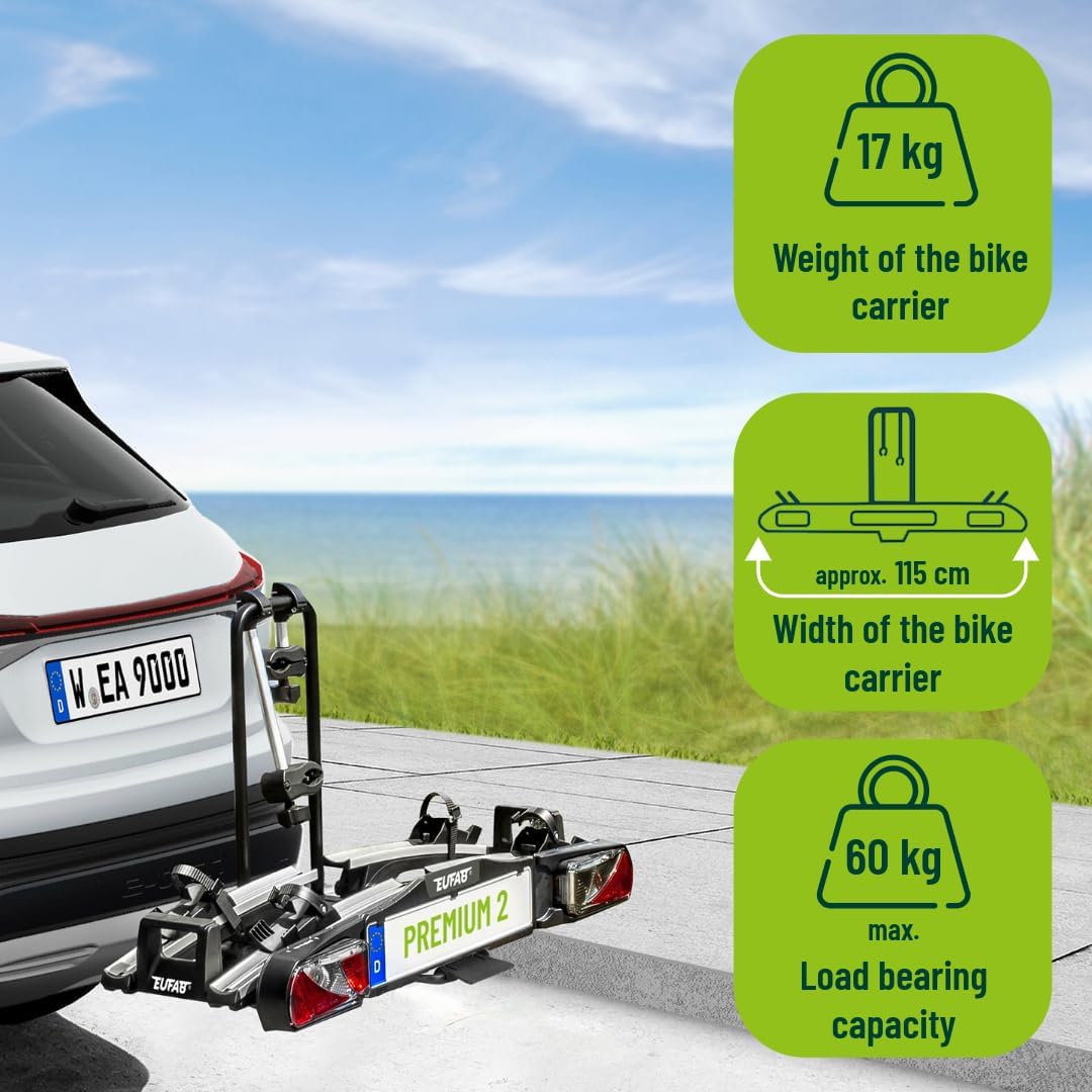 EUFAB 11521 Premium 2 Bicycle Carrier, Suitable for E-Bikes, Completely Pre-Assembled, Anti-Theft Protection, for 2 Bicycles, for Towing Hitch, Black, Silver
