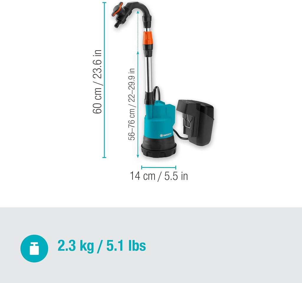 Gardena Akku-Regenfasspumpe 2000/2 18V P4A Ready-To-Use Set: Hohe Fördermenge und Druck, Verstellbare Leistungsstufen, Trockenlaufsicherung, Teleskoprohr, Kabellos (14602-20)