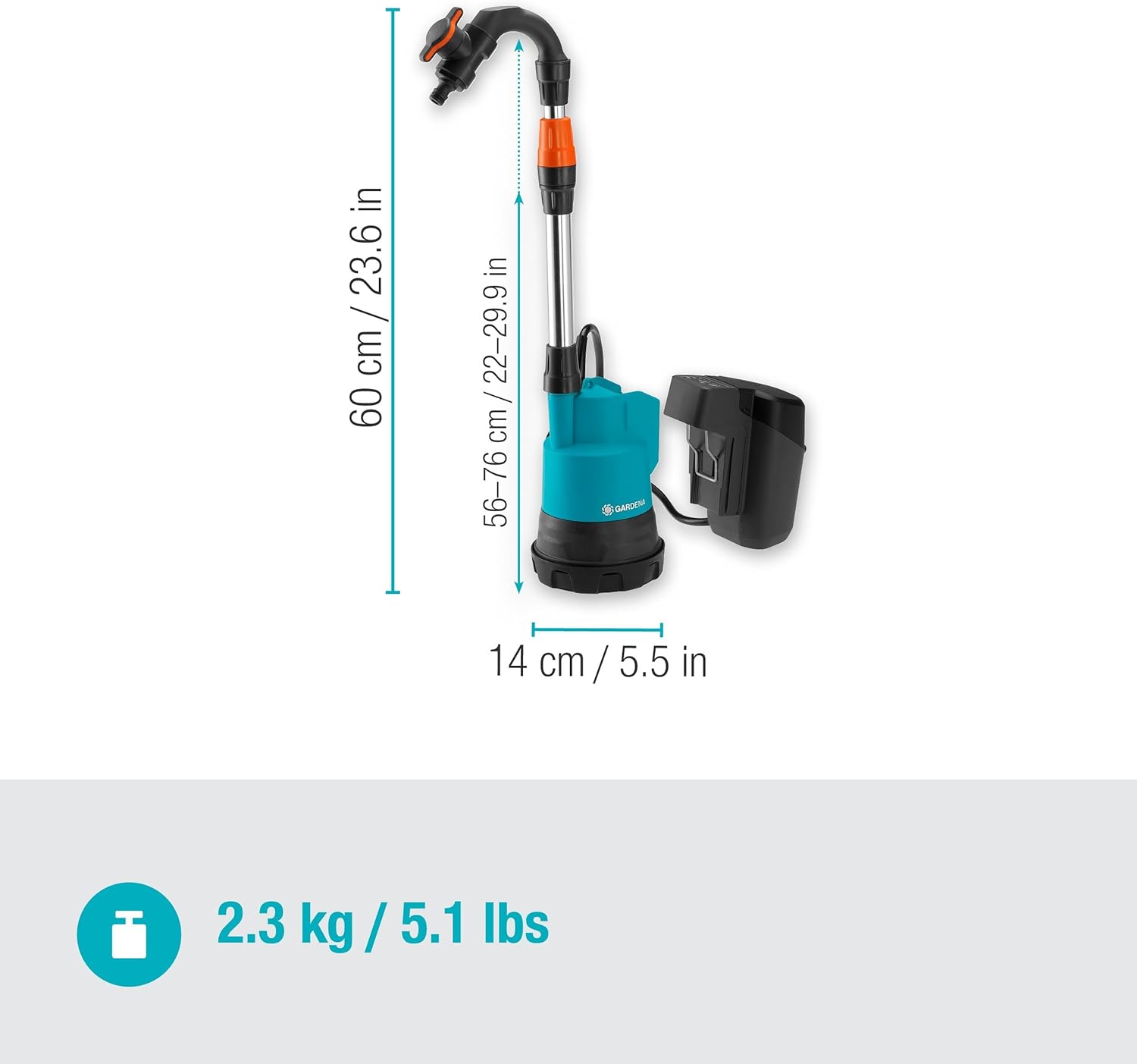 Gardena Akku-Regenfasspumpe 2000/2 18V P4A Ready-To-Use Set: Hohe Fördermenge und Druck, Verstellbare Leistungsstufen, Trockenlaufsicherung, Teleskoprohr, Kabellos (14602-20)