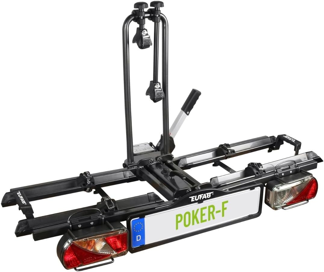 EUFAB 12010LAS Fahrradträger POKER-F, E-Bike geeignet, komplett vormontiert, Diebstahlschutz, für 2 Fahrräder, für Anhängerkupplung, Schwarz, 142 x 70 x 58 cm