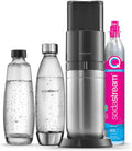 Sodastream Duo Sprudelwasser und Soda Maschine für Glaskanne | 1 Stück Glaskrug 1L + 1 Flasche 1L Edelstahl Finish Geschirrspüler + 1 60L Gas Nachfüllclip | Schwarz