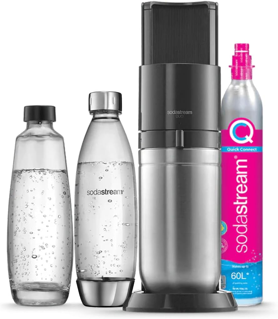 Sodastream Duo Sprudelwasser und Soda Maschine für Glaskanne | 1 Stück Glaskrug 1L + 1 Flasche 1L Edelstahl Finish Geschirrspüler + 1 60L Gas Nachfüllclip | Schwarz