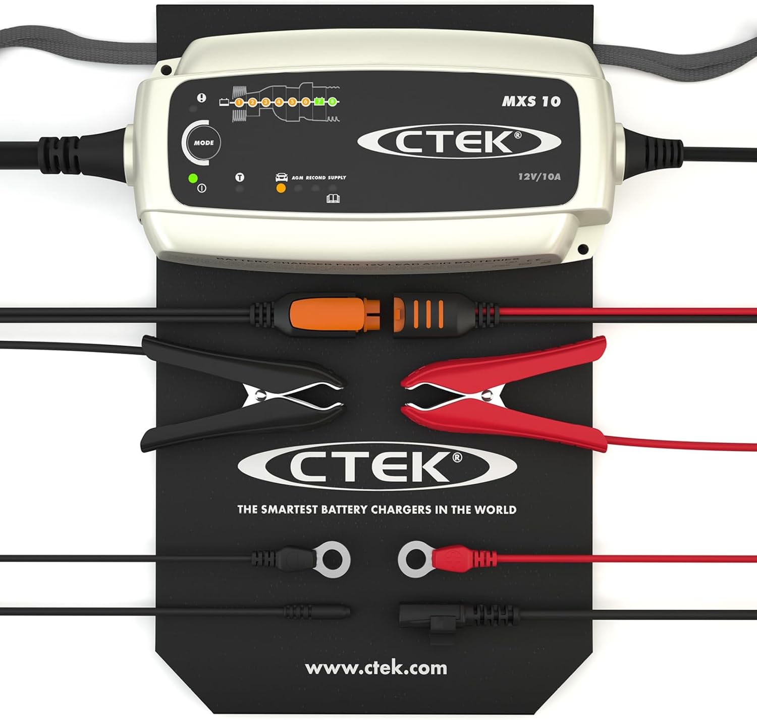 CTEK MXS 10 Batterieladegerät für Größere Fahrzeugbatterien, Batterieladegerät Boot, Wohnwagen, Schwarz, Silber, Rot