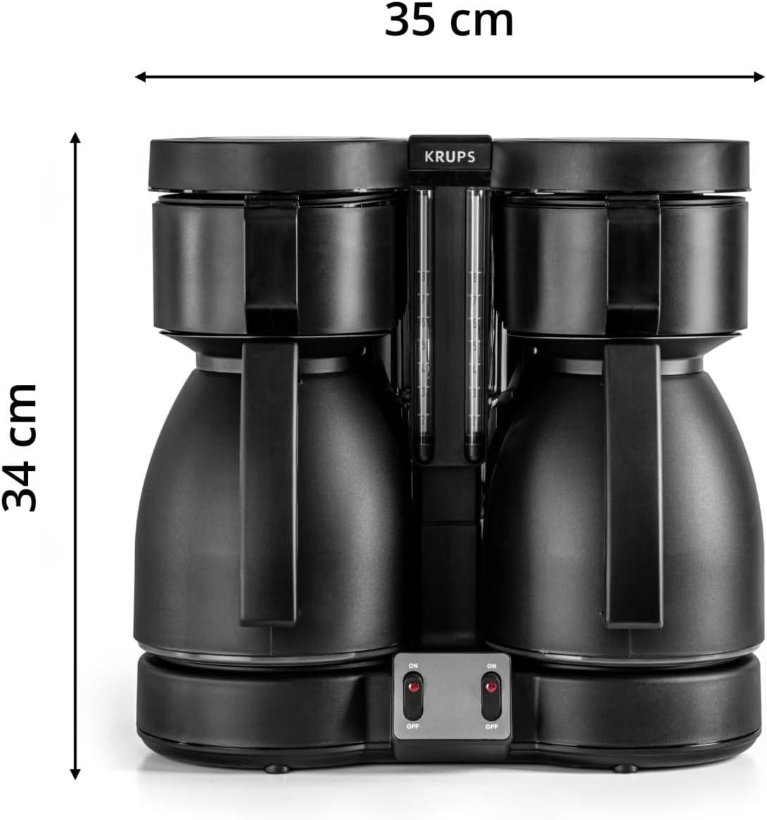 KRUPS Duothek Thermo Filterkaffeemaschine, zwei separate Isolierkannen und Brühvorgänge, sehr gute Isolierleistung, Ein-und-Aus-Schalter mit Kontrolleuchten, 2 x 8 Tassen, Schwarz, KT8501