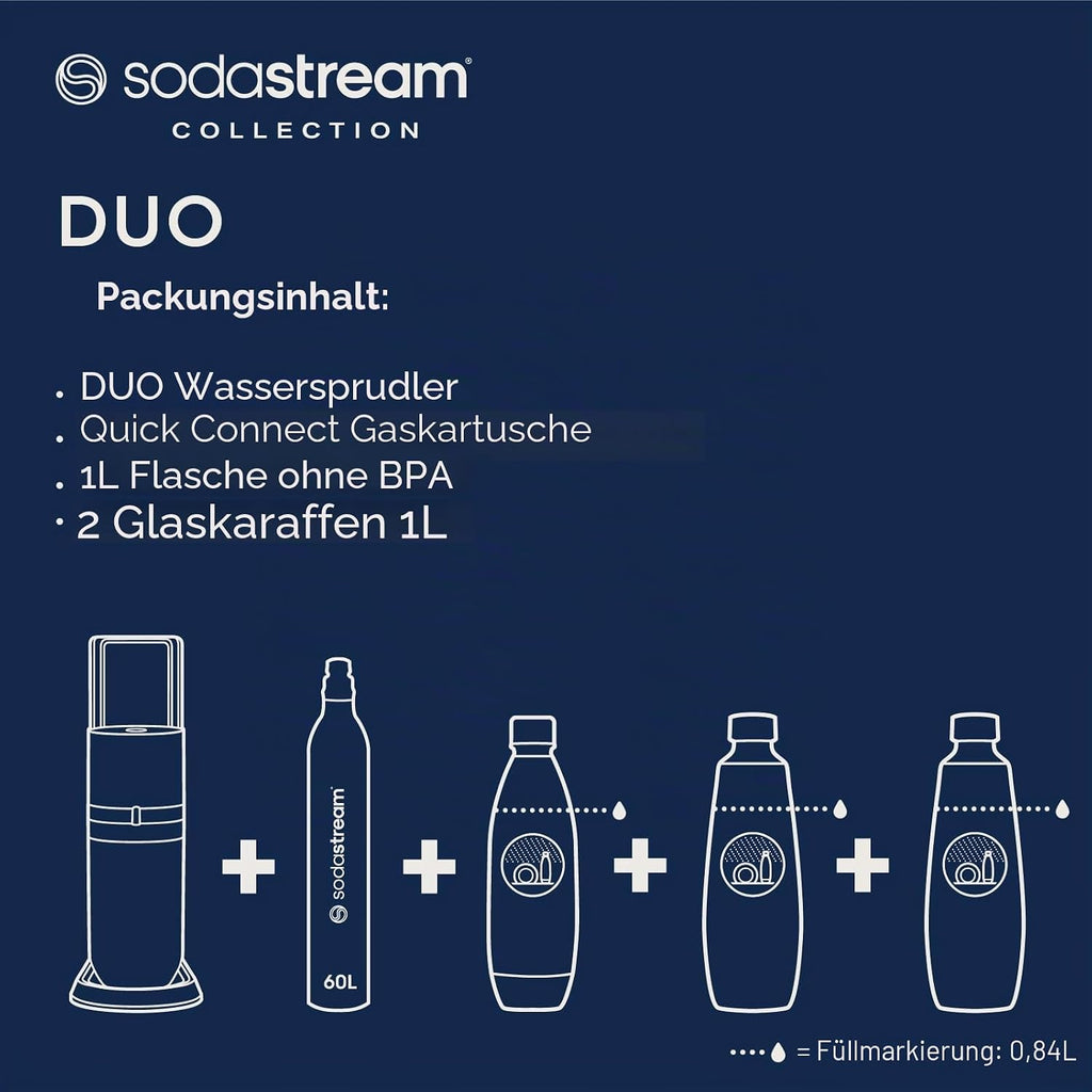 SodaStream Wassersprudler DUO Vorteilspack mit 1x Quick-Connect CO2-Zylinder, 2x 1L Glasflasche und 1x 1L spülmaschinenfeste Kunststoff-Flasche, Höhe: 44cm, Farbe: Titan
