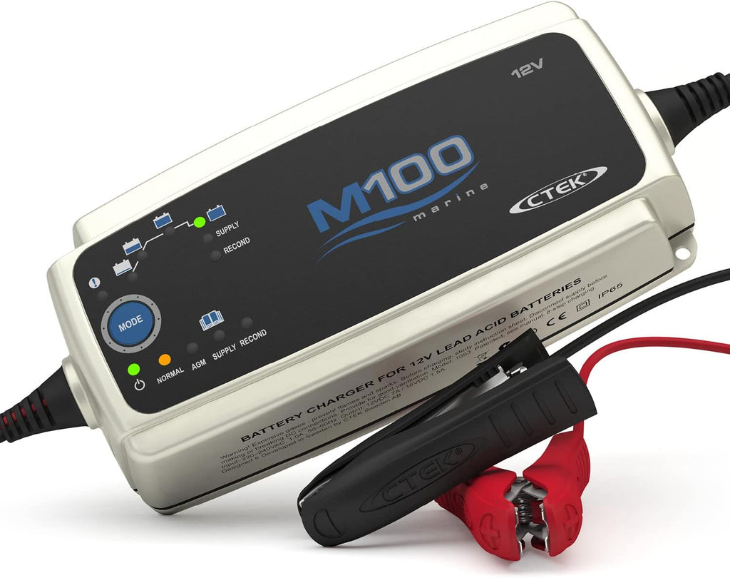 CTEK M100 Komplettbatterieladesystem für Wasserfahrzeuge 12V 7A, Ladegerät für Boote, Intelligentes Batterieladegerät Und Batteriepfleger Mit Rekonditionierungsmodus Und AGM-Option