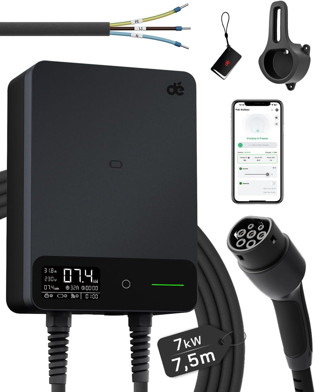 dé Wallbox 7kW APP [6-32A, 1-Phase] Elektrofahrzeug-Ladestation mit 7,5m Typ 2 Ladekabel, RFID und Steckerhalterung, Ladestation mit RCD Typ-B & IP54 Schutz für E-208 & andere BEV/PHEV