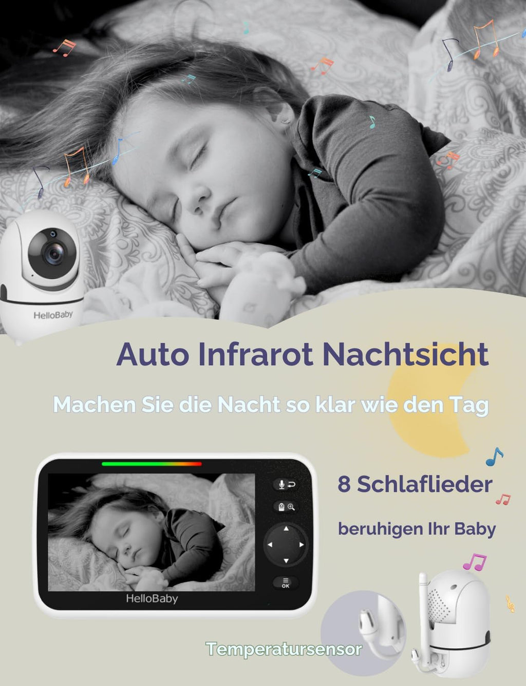 HelloBaby Baby Monitor with Camera, 30 Hours Battery with 5 Inch Screen, 355° Pan, 120° Tilt Zooming, Baby Monitor without WiFi, 2-Way Audio, Temperature, 8 Lullabies, Night Vision and 305 m Range