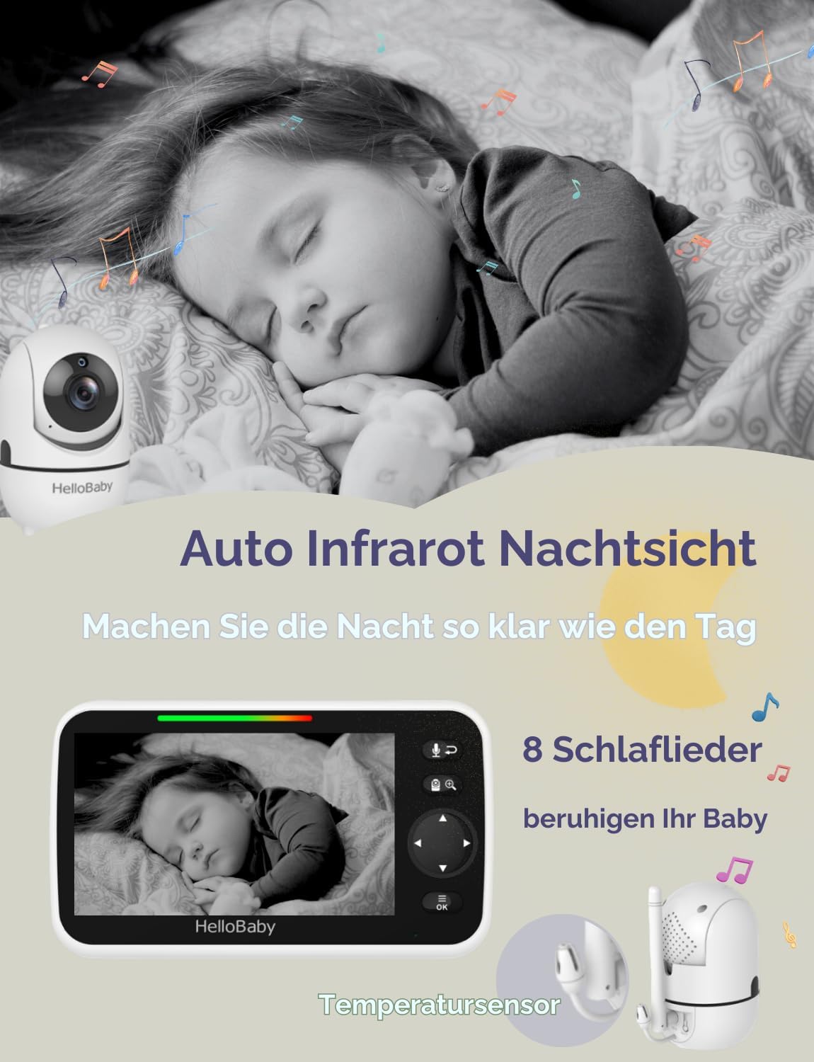 HelloBaby Baby Monitor with Camera, 30 Hours Battery with 5 Inch Screen, 355° Pan, 120° Tilt Zooming, Baby Monitor without WiFi, 2-Way Audio, Temperature, 8 Lullabies, Night Vision and 305 m Range