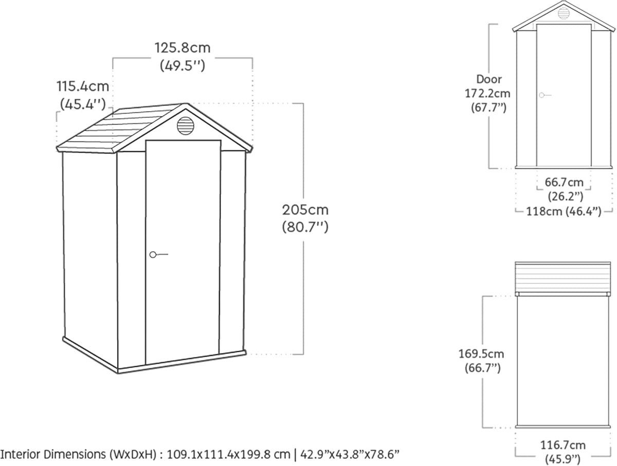 KETER Gartenhaus Darwin 4x4, 2,8 m², aus langlebigem Evotech Kunststoff mit Einzeltür und Belüftung, Gerätehaus, 25 x 184 x 205 cm, grau