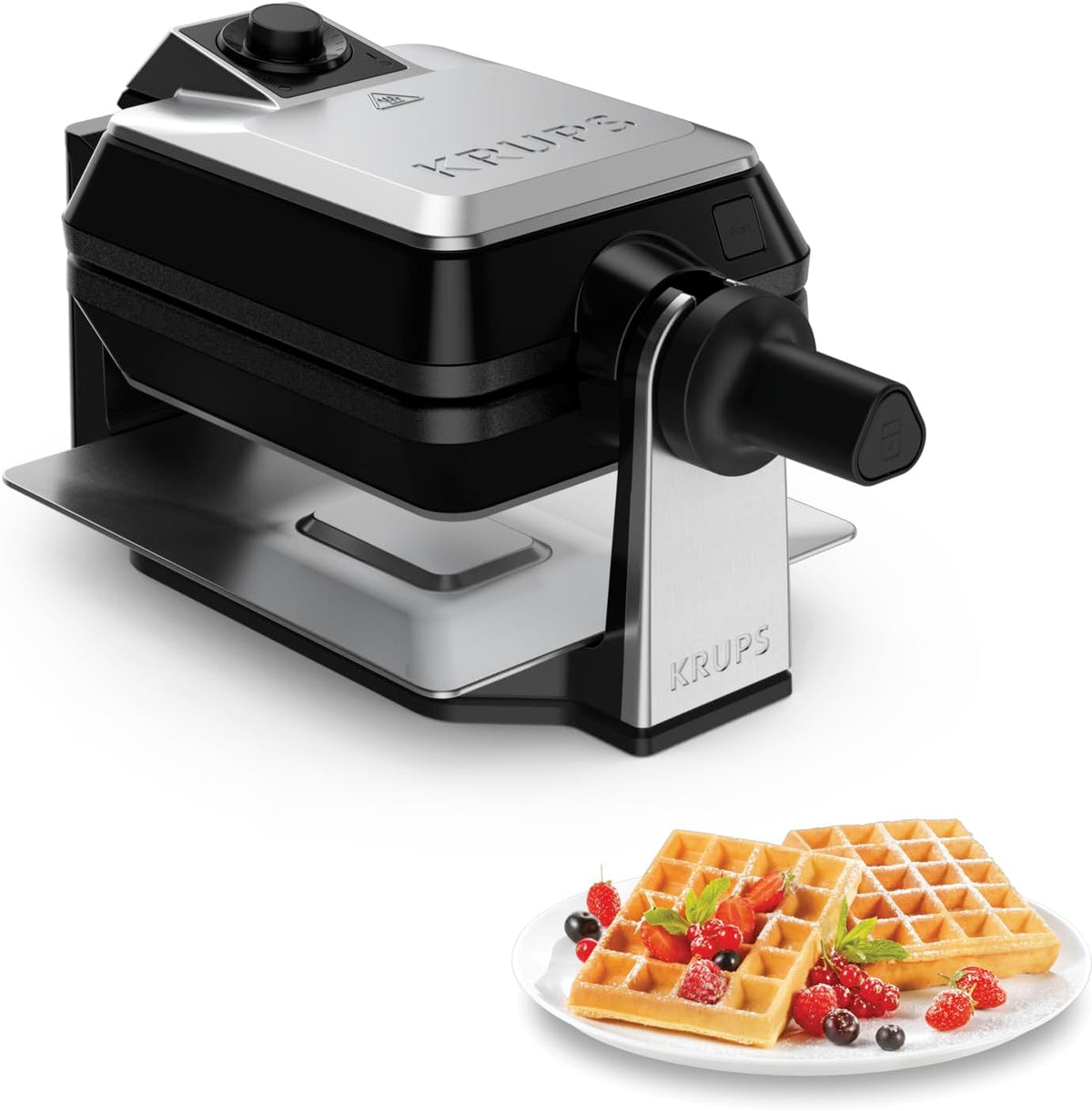 KRUPS Doppelwaffeleisen Professional, drehbares Waffeleisen für 2 belgische Waffeln, knusprig & gleichmäßig backen, 7 Bräunungsstufen und Antihaftbeschichtung, spülmaschinengeeignet, Edelstahl/Schwarz