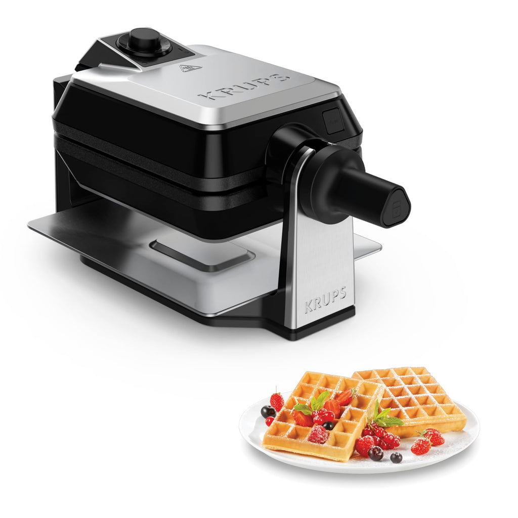 KRUPS Doppelwaffeleisen Professional, drehbares Waffeleisen für 2 belgische Waffeln, knusprig & gleichmäßig backen, 7 Bräunungsstufen und Antihaftbeschichtung, spülmaschinengeeignet, Edelstahl/Schwarz