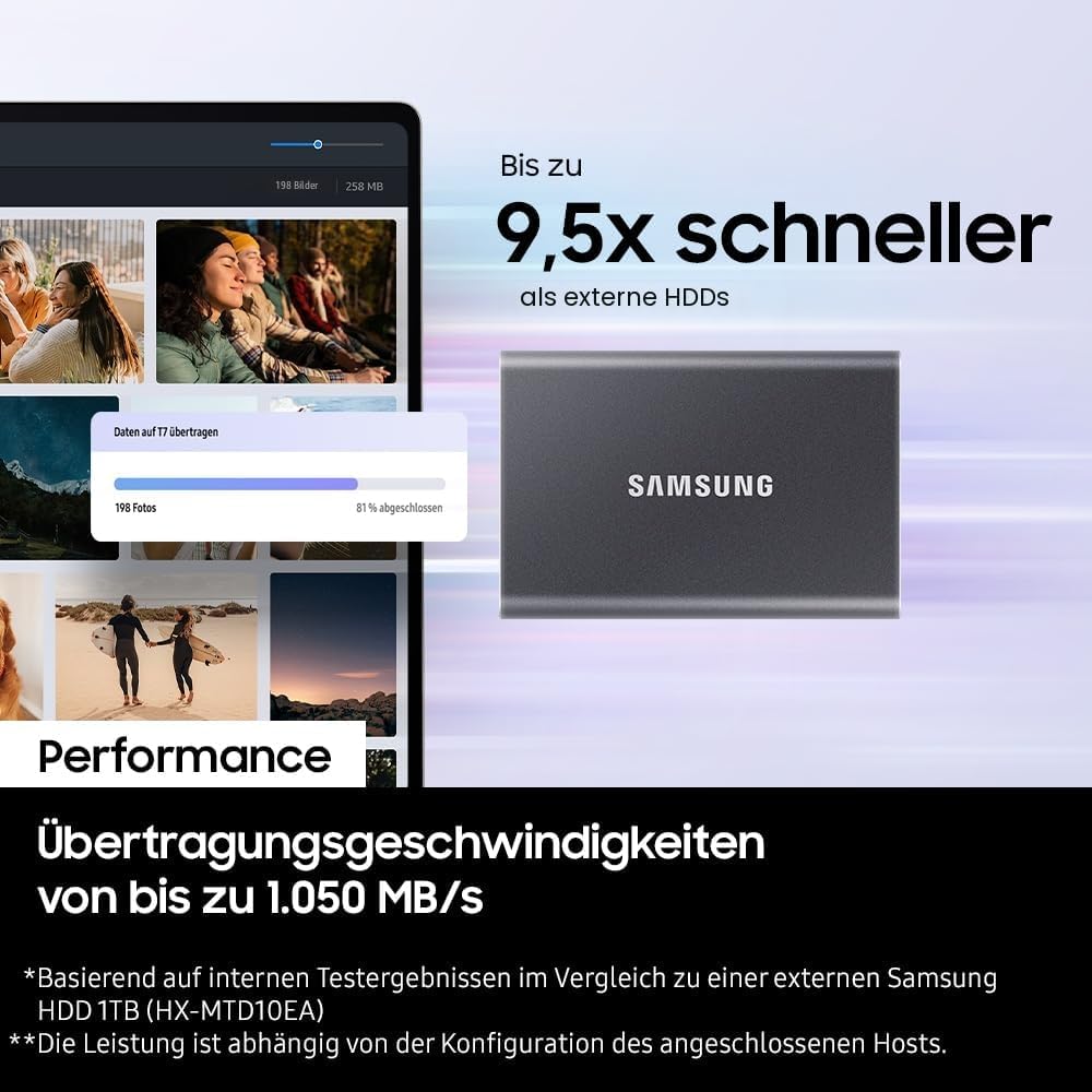 Samsung Portable SSD T7, SSD 1 TB, USB 3.2 Gen.2, 1.050 MB/s Lesen, 1.000 MB/s Schreiben, Externe SSD-Festplatte für iPhone 15 und neuer, Mac, PC, Smartphone und Spielkonsole, Grau, MU-PC1T0T/WW