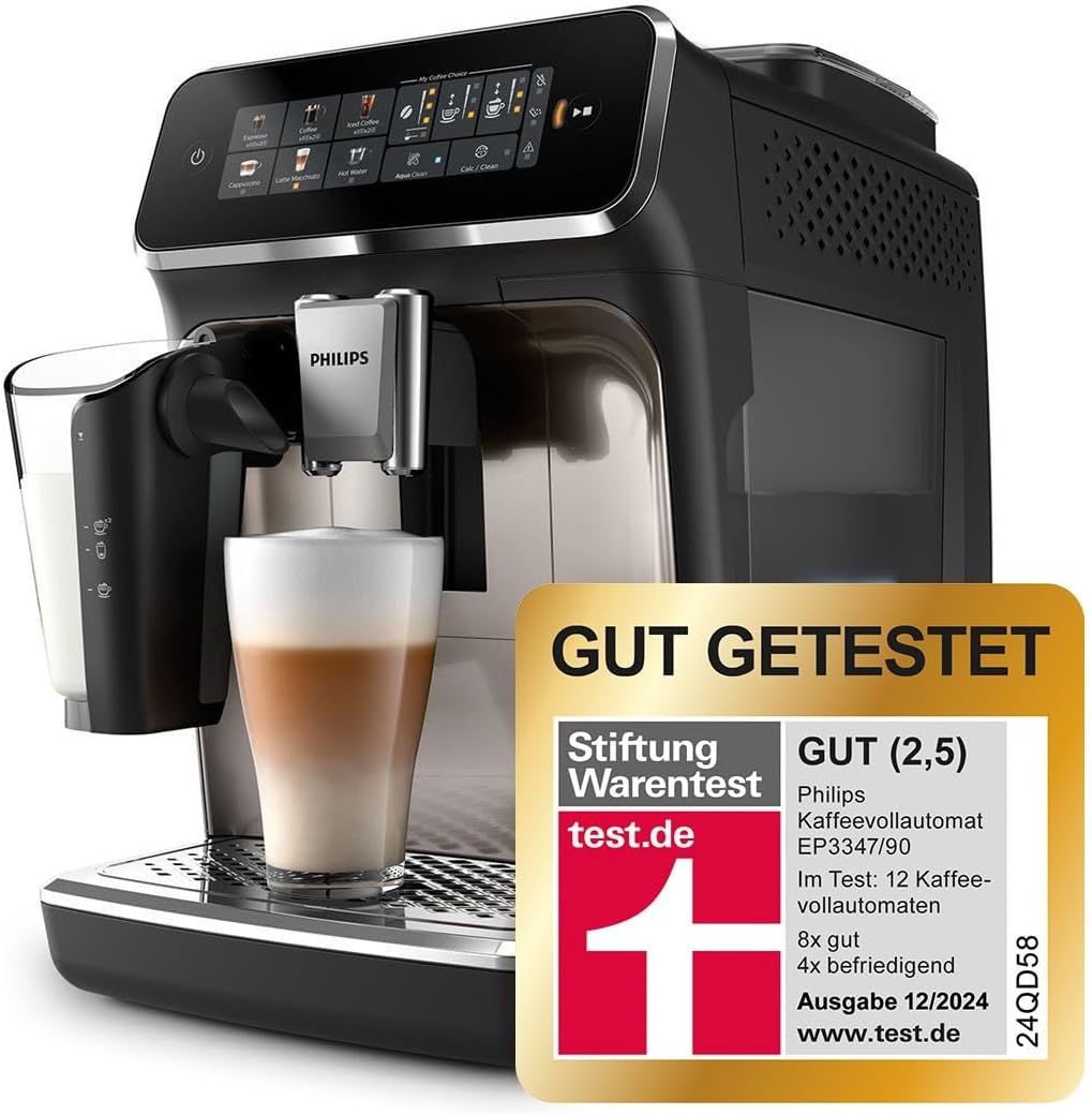 Philips EP3347/90 3300 Series LatteGo Kaffeevollautomat 1,8L – SilentBrew, AquaClean, 12-stufig, Schwarz/Chrom