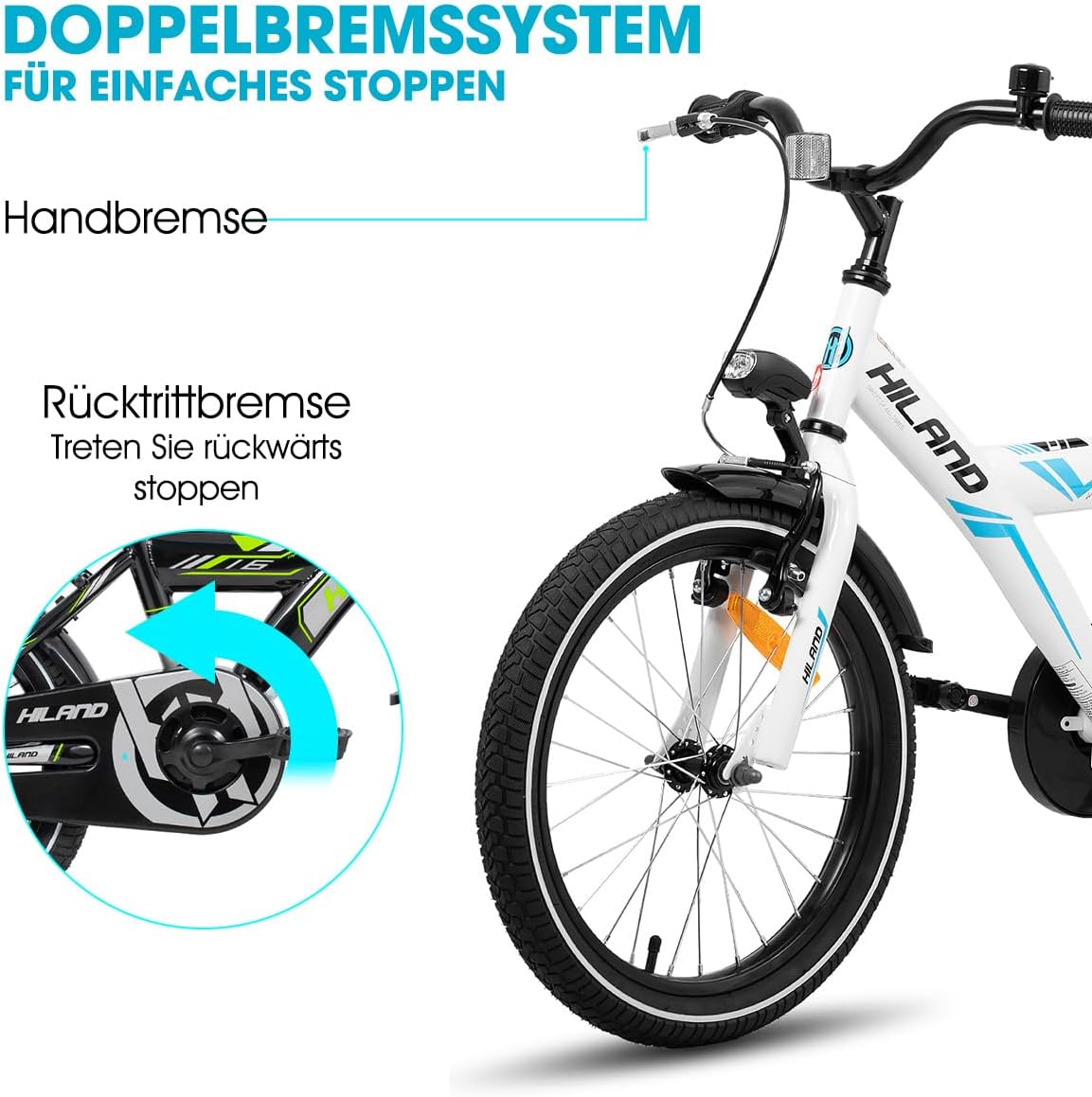 HILAND 16/18/20 Zoll Kinderfahrrad Mountainbike Kinder MTB für Jungen und Mädchen ab 4 5 6 7 8 9 Jahren Licht Gepäckträger Stützräder/Ständer, Schwarz/Weiß