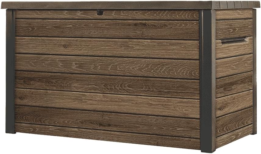 Keter Signature Aufbewahrungsbox 870L Walnuss - Gartenbox mit Holzoptik & Sitzfunktion - Wetterfeste Kissenbox mit Gasdruckfedern